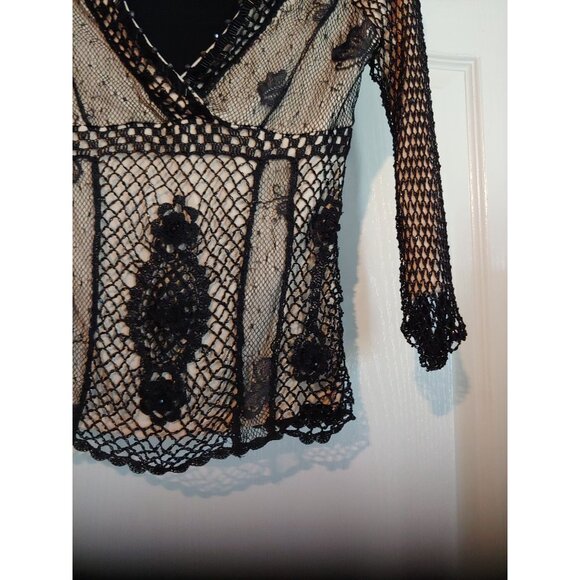 Black Crochet/Beaded Babydoll Y2k Top Dolce Cabo Rocker Metal Grunge Trash Goth - Picture 6 of 12